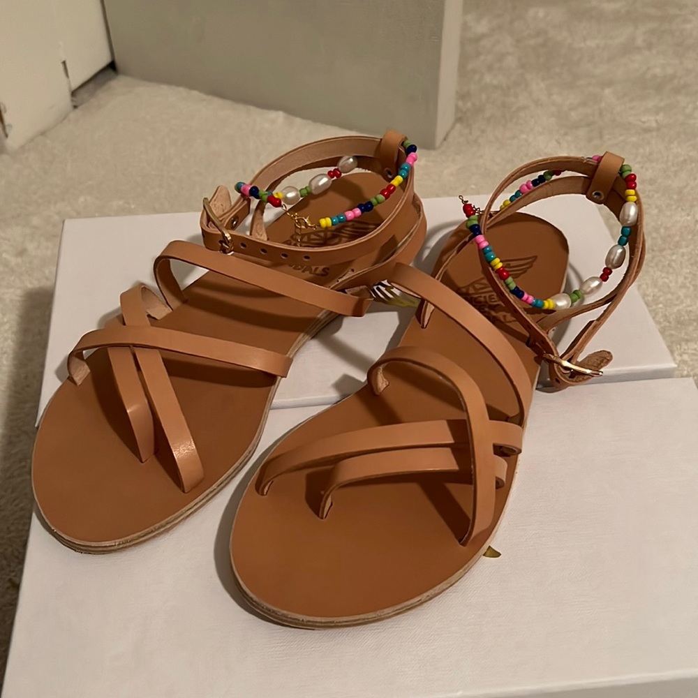 Ancient Greek Sandals - Brown Leather Sandal with Beaded Anklet Attached